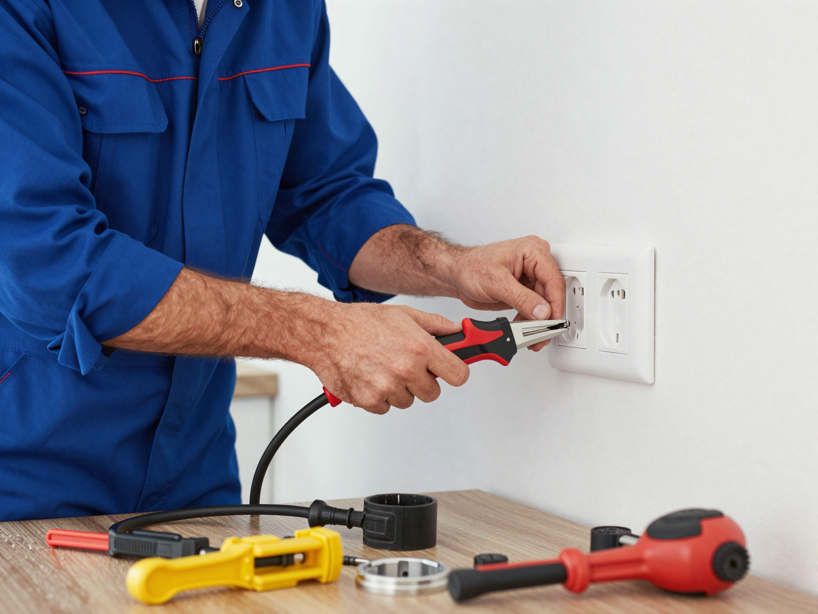 Professional electrician installing outlet in residential kitchen